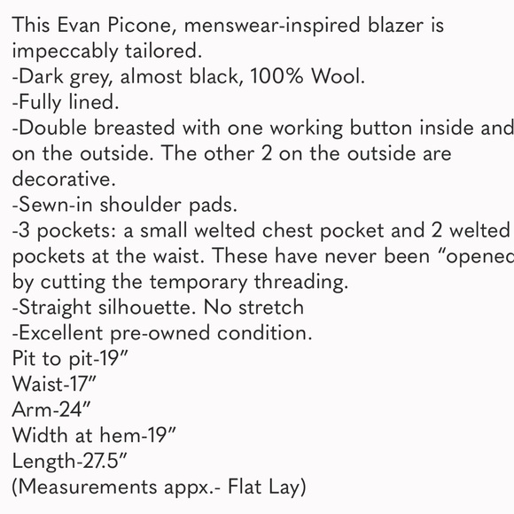 EVAN PICONE Vintage dark grey/black 100% Wool double-breasted blazer. Size 8.EUC - Picture 8 of 8